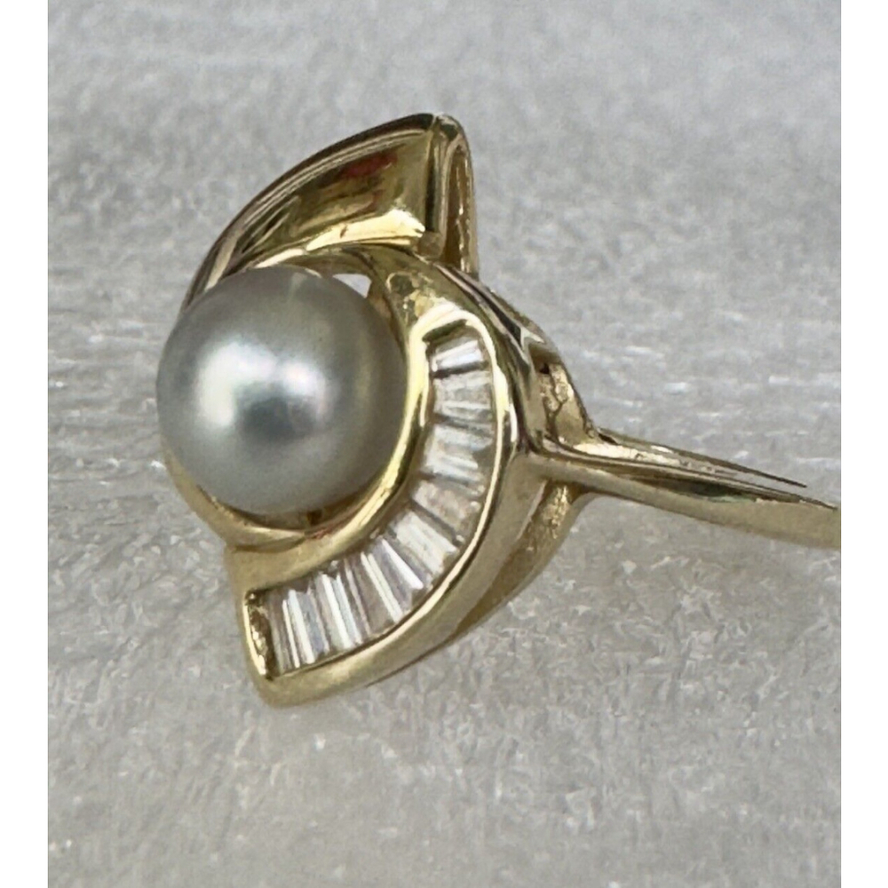 Classic 14k Solid Yellow Gold Natural White Pearl and Diamond Ring Size 4.75 - Picture 6 of 10